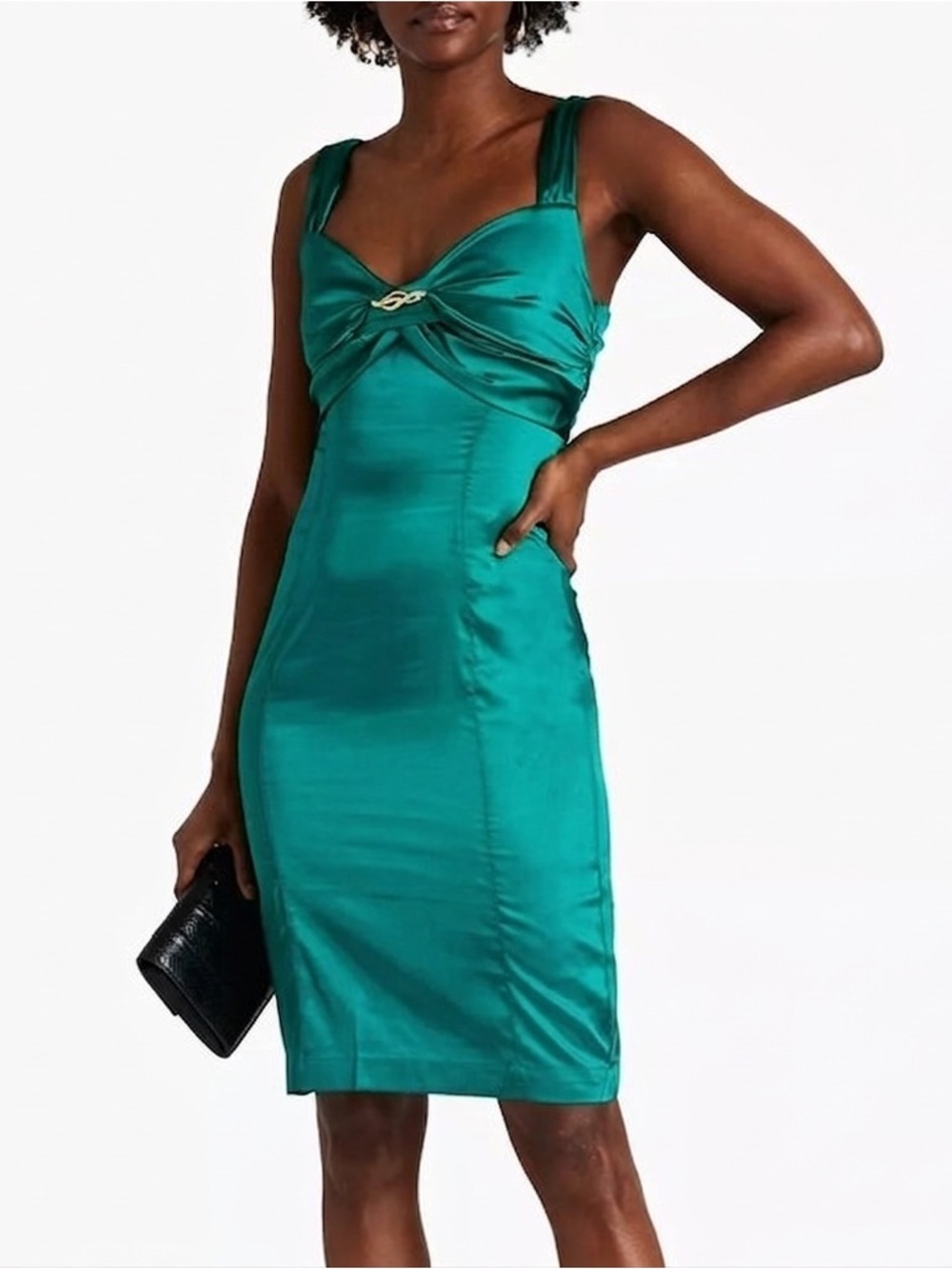 NWT Roberto Cavalli Satin Pencil Dress Shiny Teal Snake Brooch Sz 46